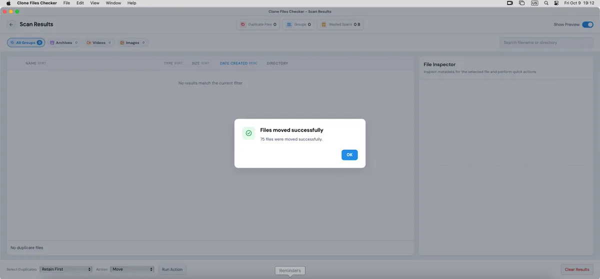Clone Files Checker dialog after a move finishes