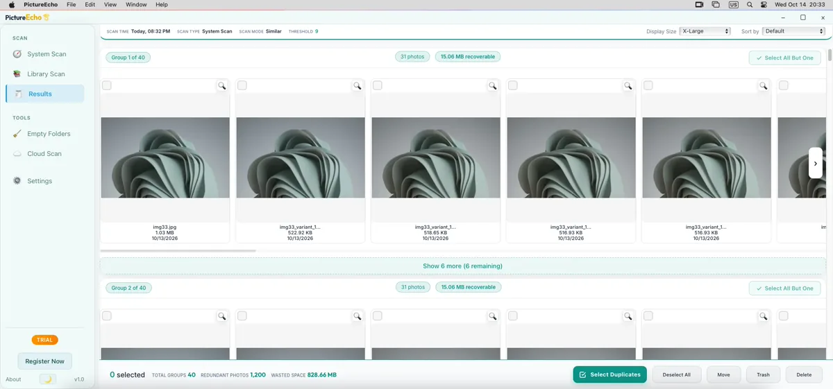 PictureEcho Results on Mac with similar photo groups and Select All But One