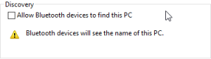 Make sure Allow Bluetooth devices to find this PC option is enabled