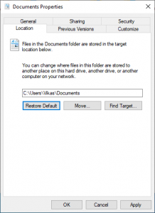 Restoring the default location of the Documents folder