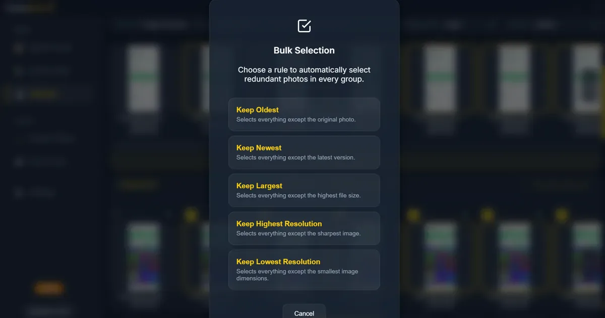 PictureEcho Bulk Selection with Keep Oldest, Keep Newest, Keep Largest, Keep Highest Resolution, and Keep Lowest Resolution