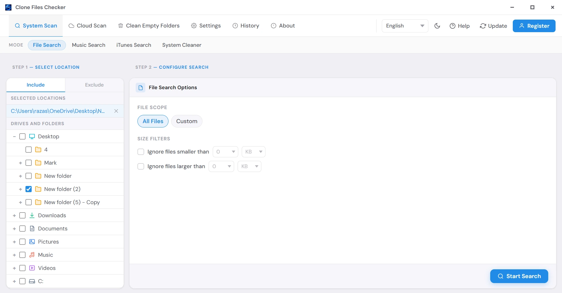 Clone Files Checker File Search with folders to include and All Files selected