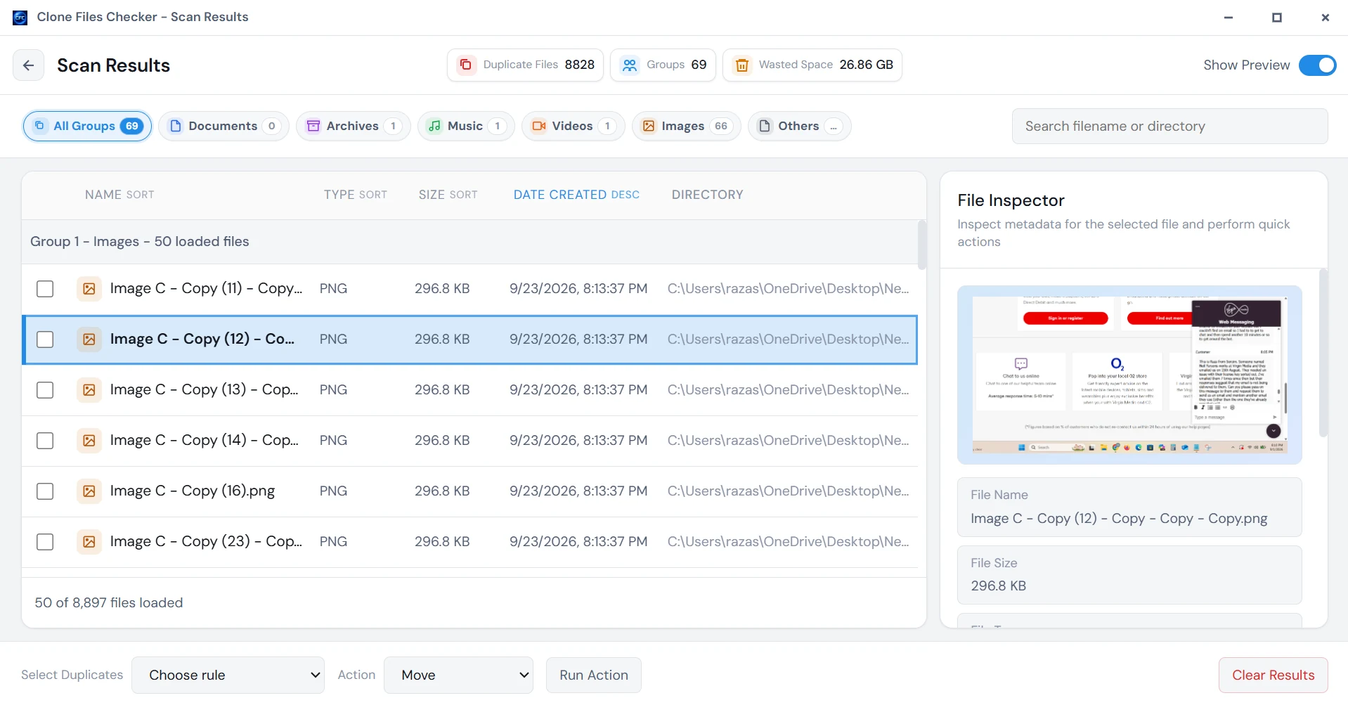Clone Files Checker scan results with duplicate groups and a file preview