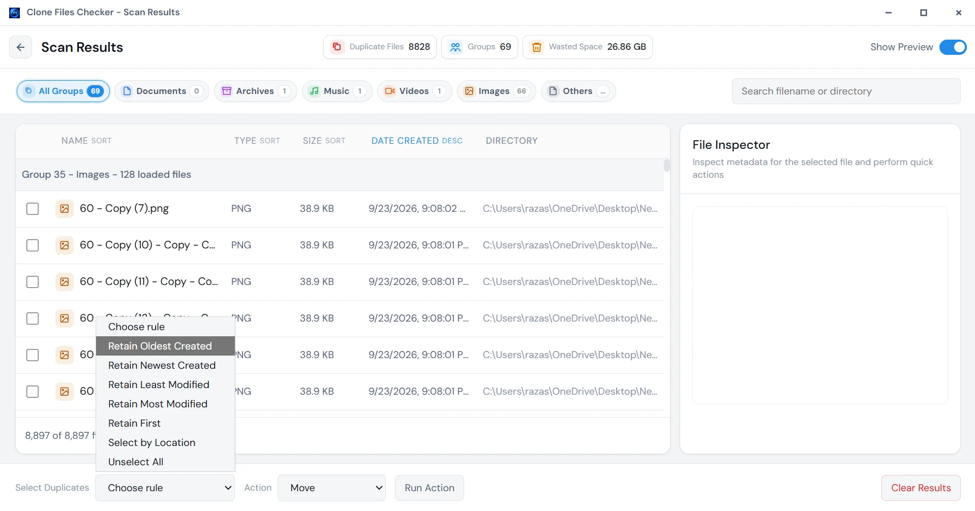 Clone Files Checker retain rules for which duplicate file to keep