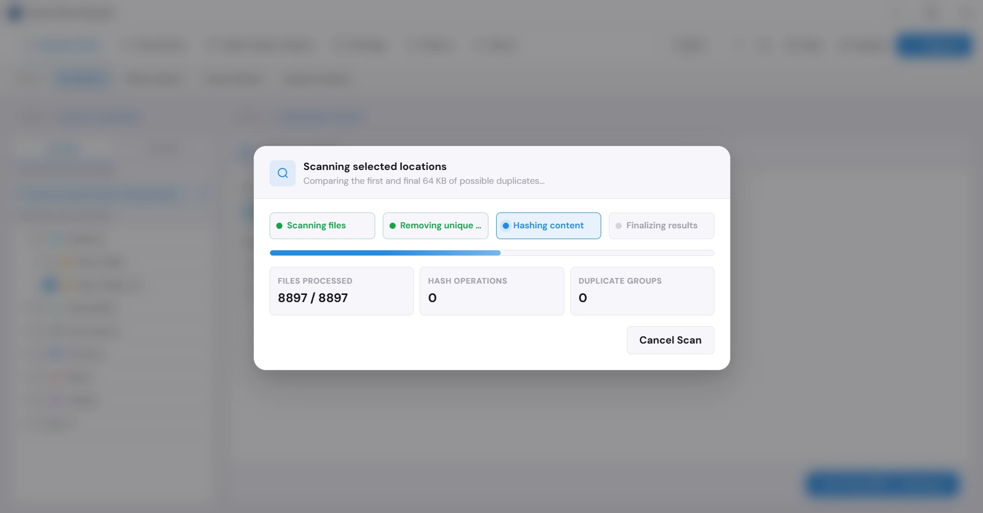 Clone Files Checker scan progress while it hashes file content