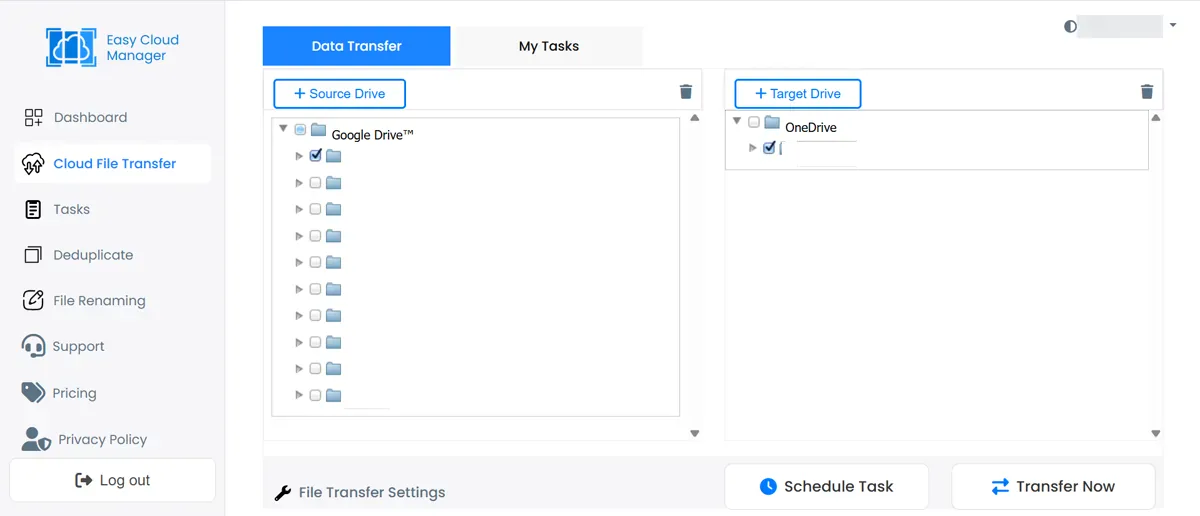 Easy Cloud Manager with Google Drive as source and OneDrive as target