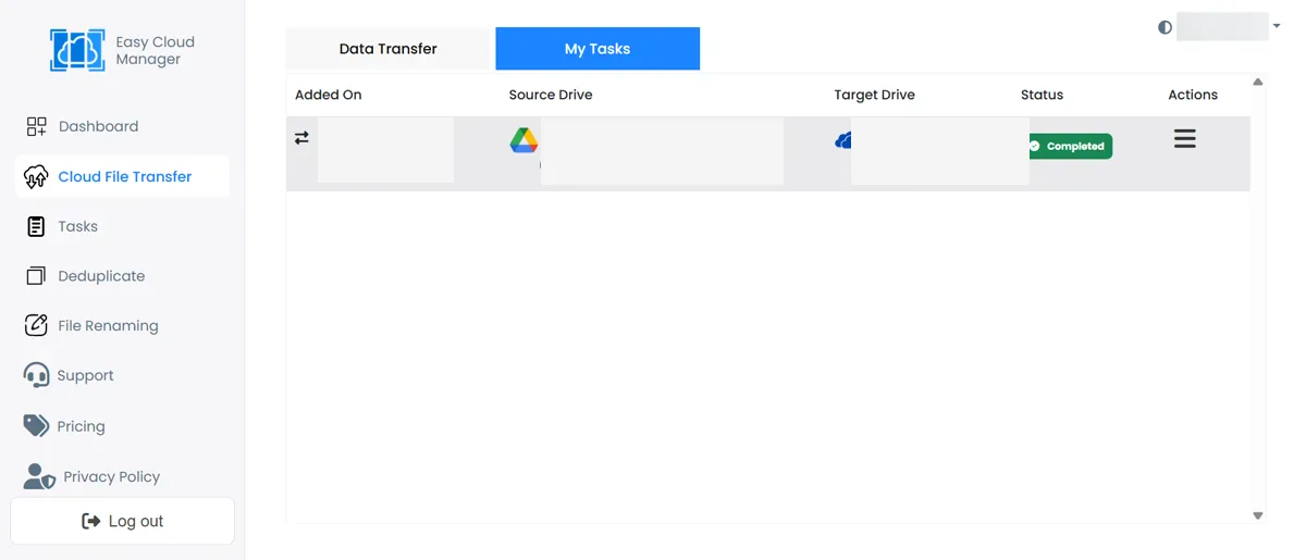 Easy Cloud Manager My Tasks page with a completed cloud transfer