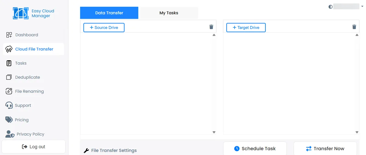 Easy Cloud Manager Data Transfer page with empty source and target drive panels