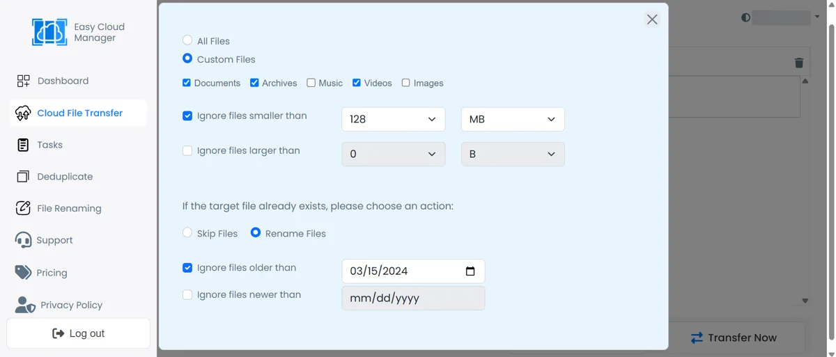 Easy Cloud Manager File Transfer Settings with type, size, date, skip, and rename controls