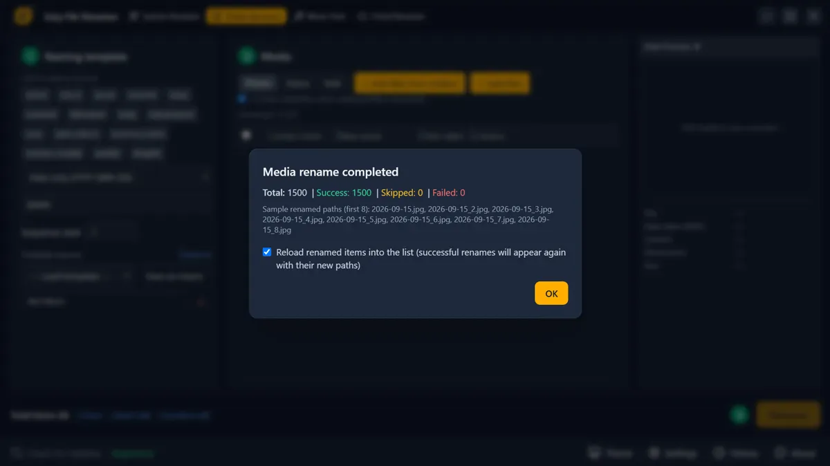Media rename completed dialog after a date-based photo rename