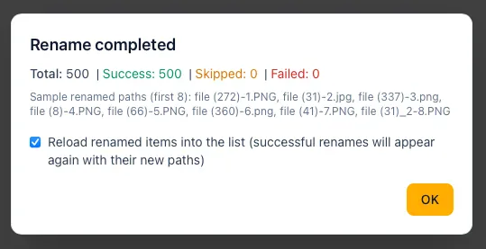 Rename completed dialog listing success, skipped, and failed