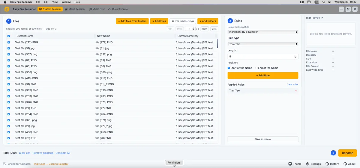 Easy File Renamer on Mac with Trim Text applied and shorter names in the New Name column