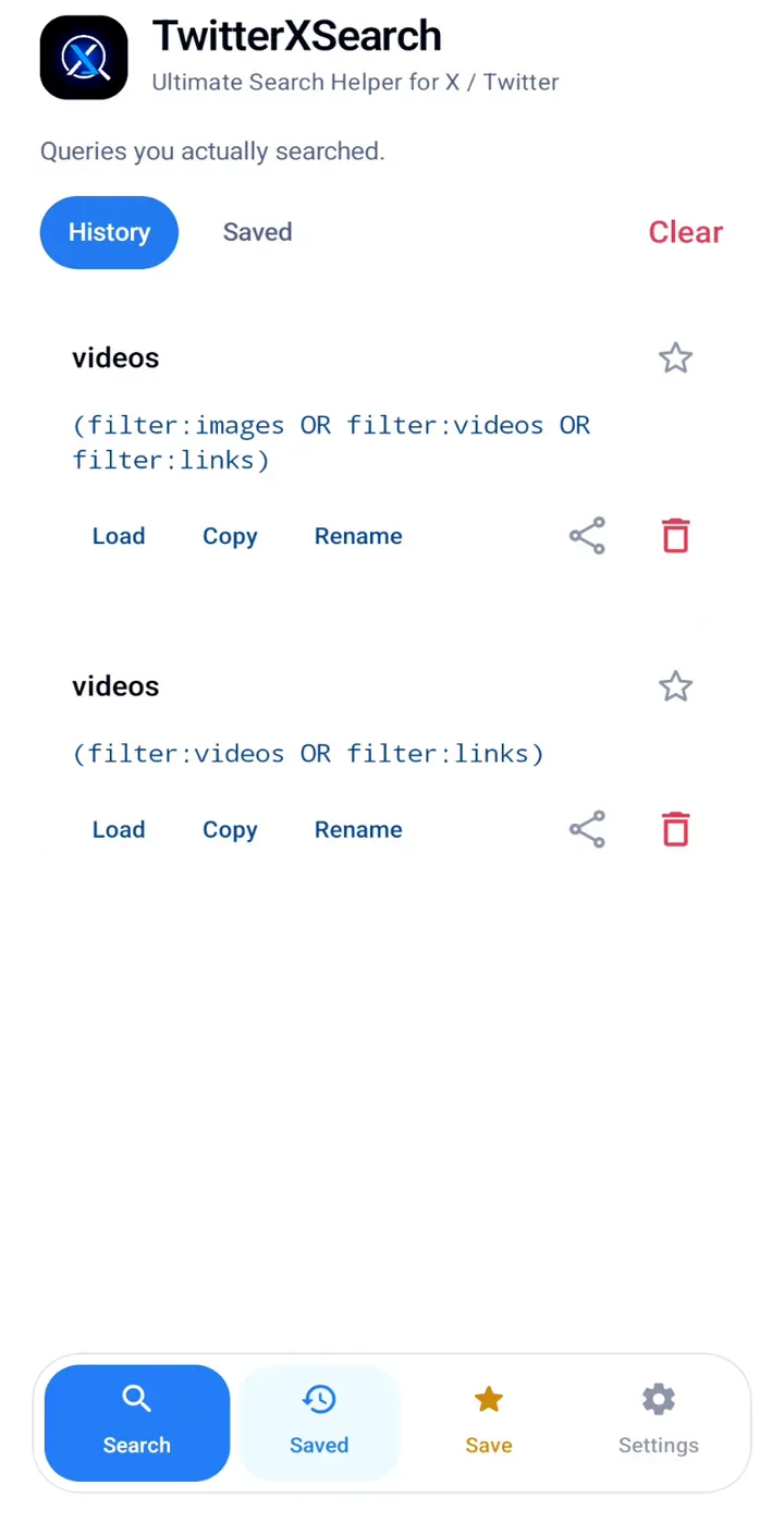 TwitterXSearch history with two queries titled videos