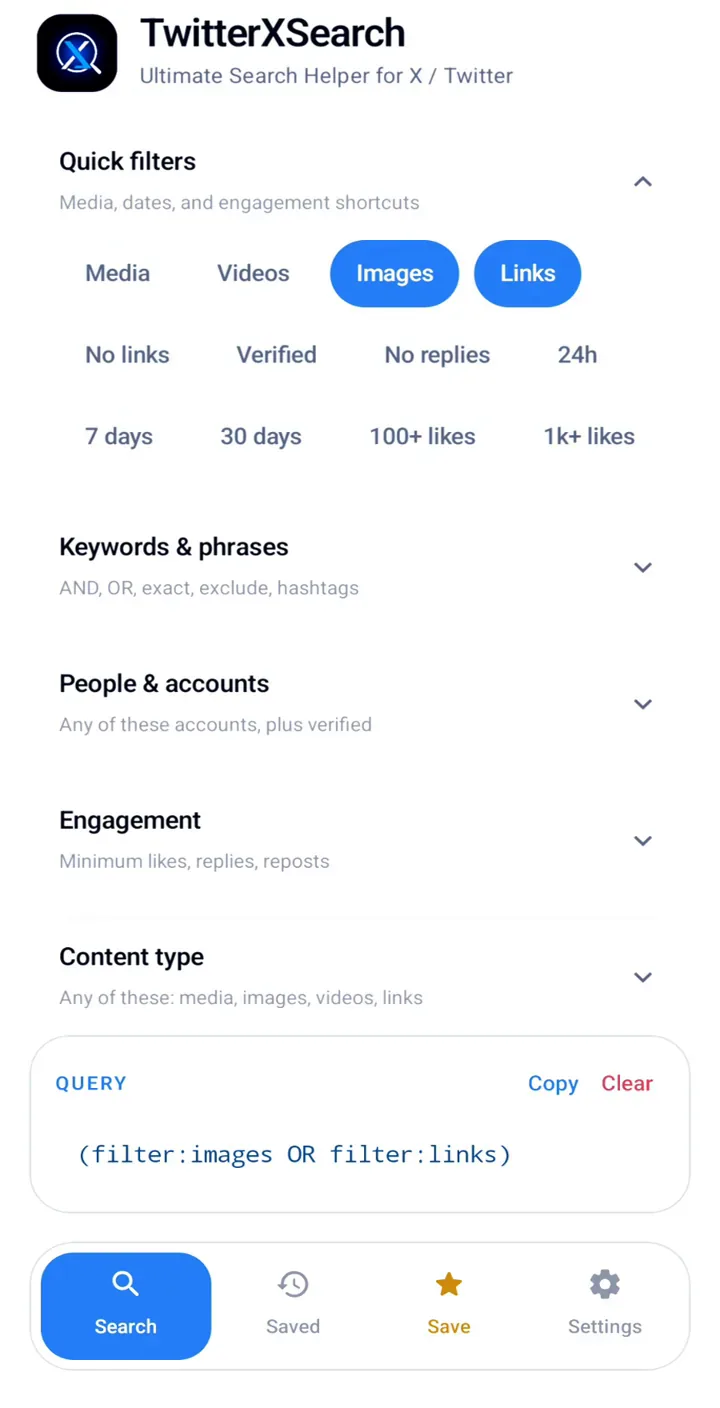 TwitterXSearch quick filters with Images and Links selected, and the query for images or links