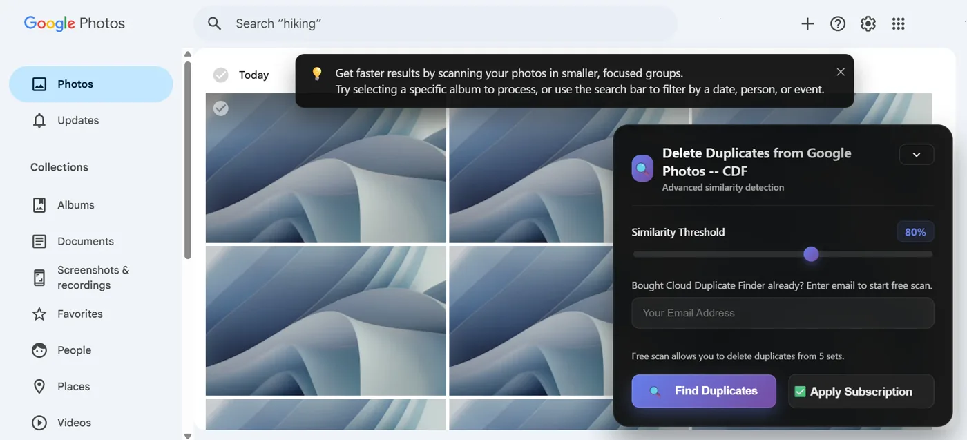 Delete Duplicates from Google Photos panel on a hiking search, similarity set to 80 percent
