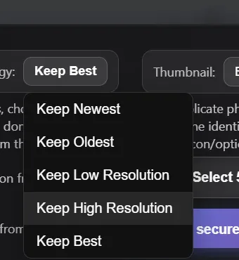 Keep strategy menu with Keep Best, Newest, Oldest, Low Resolution, and High Resolution