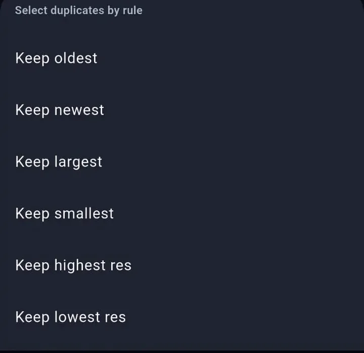 PictureEcho keep rules for oldest, newest, largest, smallest, highest resolution, and lowest resolution