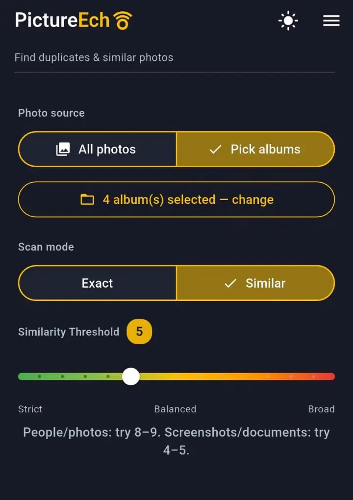 PictureEcho on Android with Similar selected and the similarity threshold visible