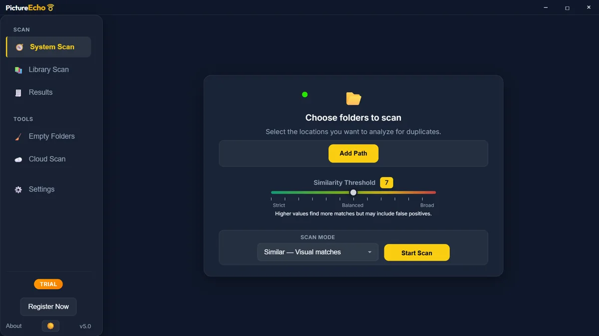 PictureEcho System Scan: Add Path, similarity threshold slider, and Similar mode before Start Scan